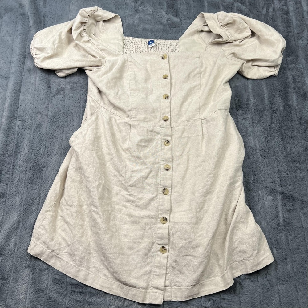 Old Navy Linen Dress Womens XL Beige Smocked Neck Puff Sleeve A-Line Sundress